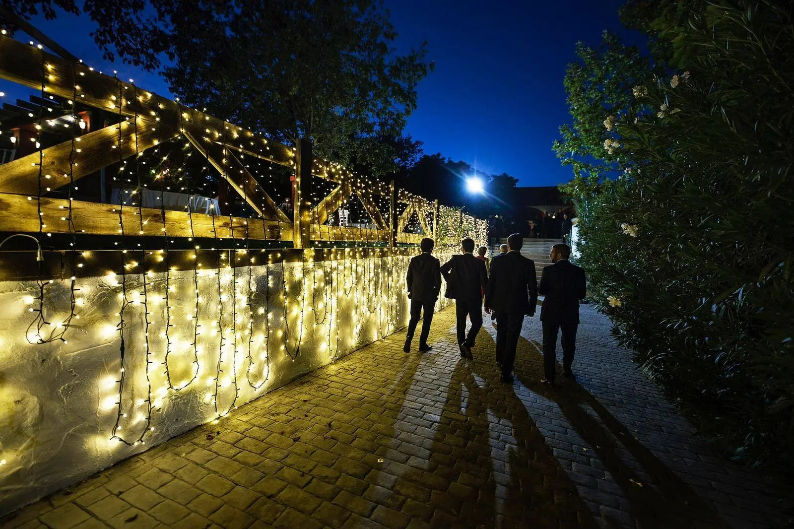 Un camino de luces entre la pérgola y los árboles, al anochecer